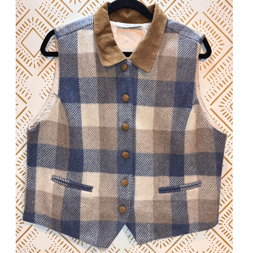 Vintage Plaid Vest Women L Blue Wool Blend Faux Suede Cottage Rustic Heritage